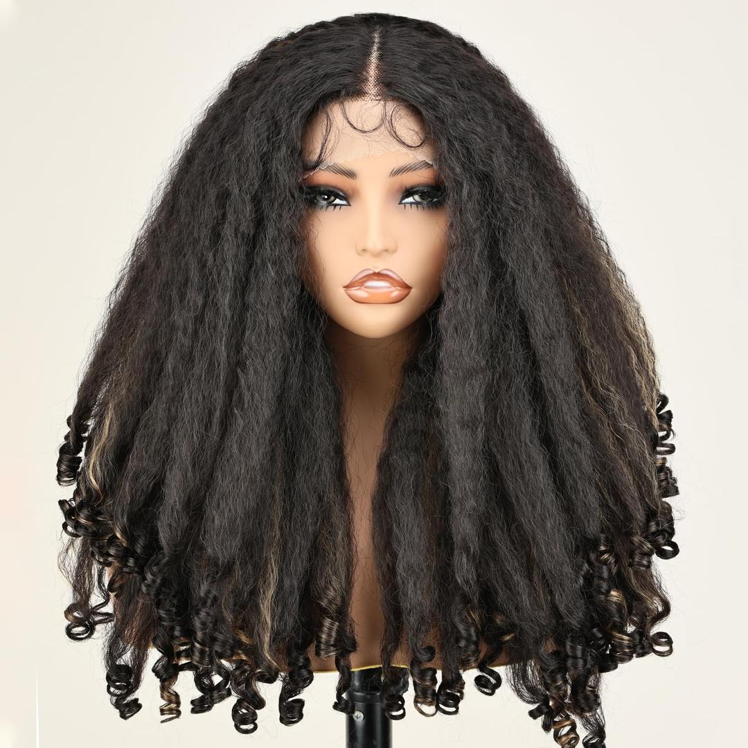 SOKU Afro Curly Lace Front Wig Synthetic Highlights Brown 20 Inch Kinky Straight with Curly Ends Crimp to Curl T Part Transparent Lace Front Wig for Black Women