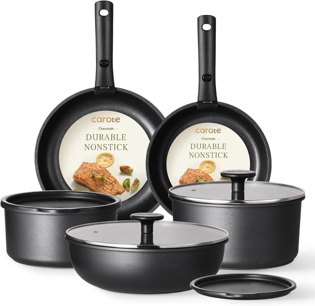 CAROTE Pots and Pans Set Non Stick, Cookware Set Detachable Handle, Nonstick Induction Kitchen Sets Non Stick with Removable Handle, RV Cook Ware, Oven Safe, Black (11 pcs Granite Set)
