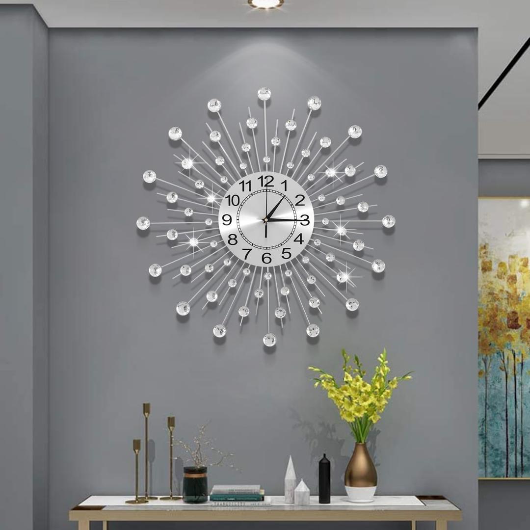 28 Inch Silver Crystal Large Modern Metal Starburst Decor, Bling Crystal Wall Clock for Kitchen Office Bedroom Living Room Decorative