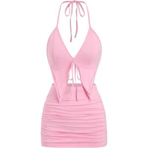 SHENHE Women's Y2k 2 Piece Sexy Outfits Backless Halter Crop Top and Ruched Bodycon Mini Skirt Set (Medium, Pink)