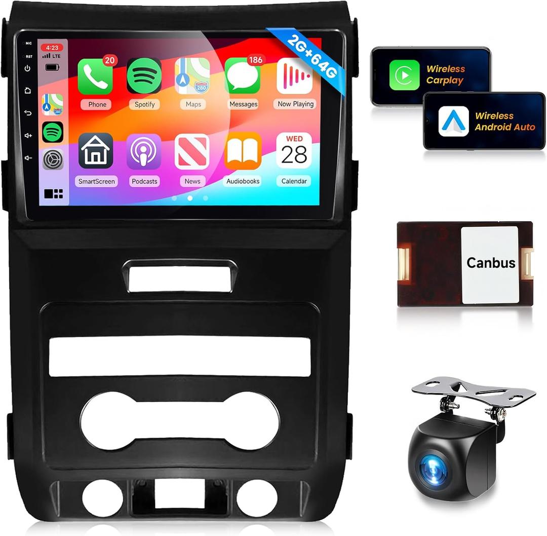 16EQ 2G 64G Android Car Stereo for Ford F150 F-150 2009-2014 Radio with Wireless CarPlay Android Auto, Podofo 9 inch HD IPS Touch Screen Bluetooth Car Radio with GPS 28UIs SWC Backup Camera