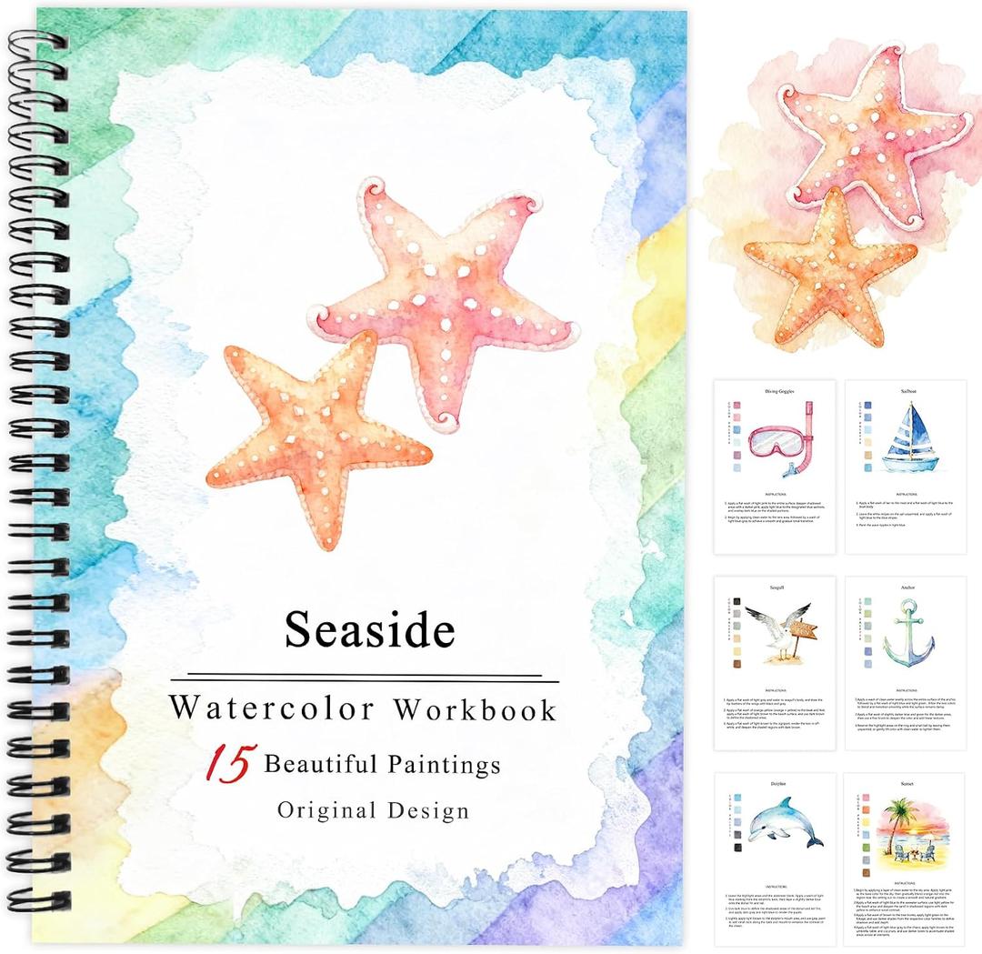 2 x SLWBZ Watercolor Workbooks Coloring Book, Beginner Friendly Painting Kit, Detailed Steps, Creative Exploration Watercolor Book with Paint Set for Adults Teens (Seaside, Without Paint)