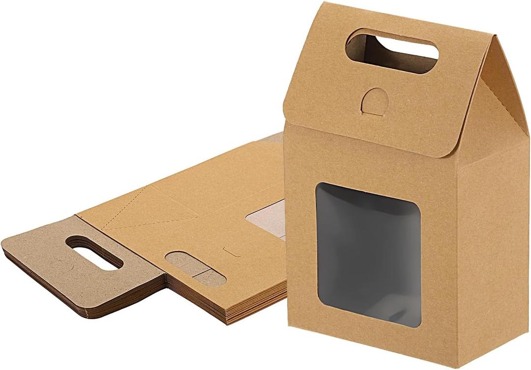 uxcell 12Pcs Gift Boxes, Favor Box with Clear Window and Handle, Stand Up Favor Treat Boxes for Candy, Cookies, Party Store, Packaging, Wedding, Light Brown