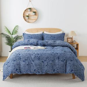 Softta Vintage White Paisley Pattern Blue Bedding Set Cal King Size Blue 3Pcs Duvet Cover Set Shabby Paisley Pattern Boho Bedding Collection 100% Double Layer Washed Cotton Red Simple Dark Blue