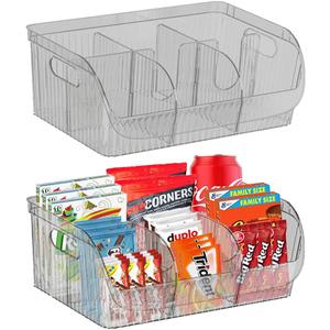 2 Packs Large Snack Organizer for Countertop, Plastic Pantry Organizer and Storage Bin for Kitchen, 6 Compartment Food Container Snack Bar with Dividers, Chip Holder for Office(Clear Black)