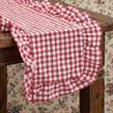 HunnmingRe 1 Pcs Red Plaid Gingham Ruffle Table Runner 118 x 13.8'' Farmhouse Table Runner 100% Cotton Scalloped Long Dresser Scarves for Mothers Day, Dining Room, Wedding, Kitchen Rustic Home Decor