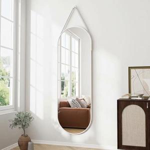 Full Length Mirror Wall Mounted, 48"x16" Oval Hanging Mirror (Black) Leather Strap, Aluminum Alloy Frame, Tempering&Shatter-Proof Glass, Adjustable Height, Home Decor for Bedroom, Cloakroom, Size: 48"L x 16"W