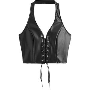 SweatyRocks Women's Faux Leather Crop Tank Top Lace Up Tie Front Halter Tops  &  SHENHE Women's Glitter Sequin Leopard Shorts Low Rise Sexy Rave Club Booty Shorts Hot Pants (Large, Tiger Print Khaki)