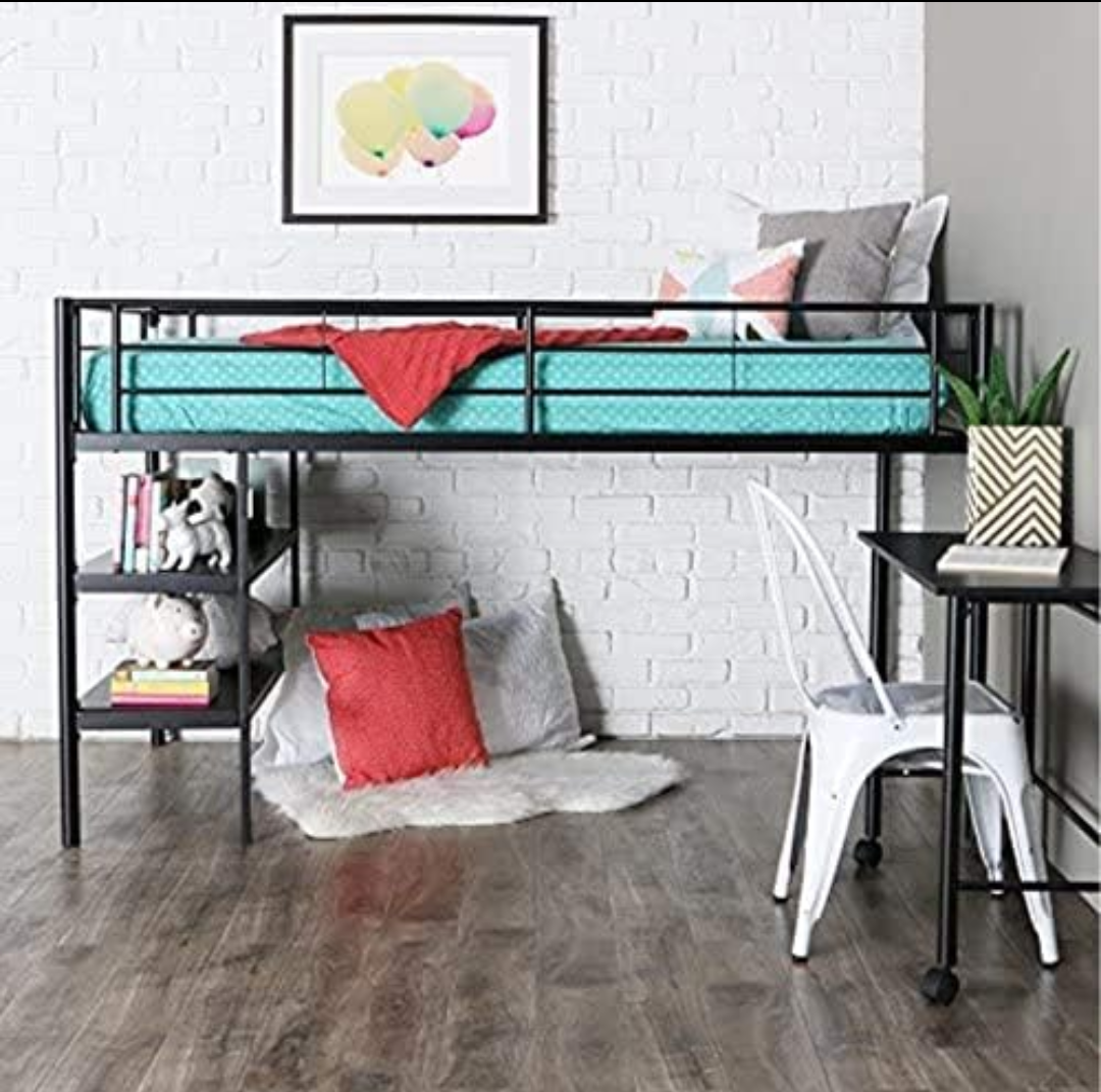 Walker Edison Metal Black Twin Low Loft Bunk Floating Bed Kids Bedroom Storage Guard Rail Ladder Bedframe