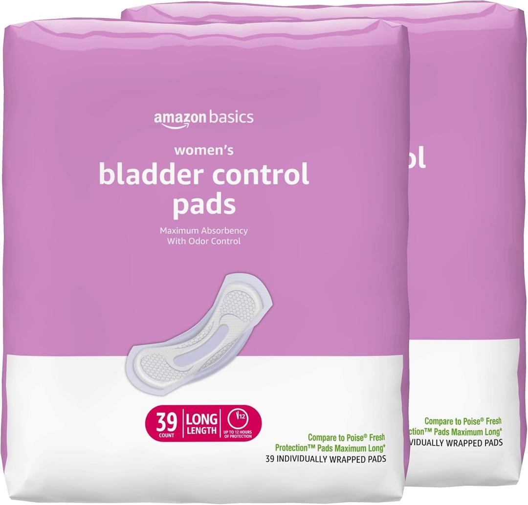 Amazon Basics Incontinence Pads for Women Long, Bladder Control, Postpartum, Maximum Absorbency, Unscented, 78 Count (2 Packs of 39)