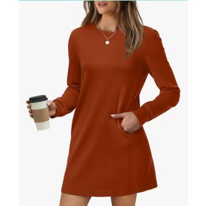 WIHOLL Dresses for Women Long Sleeve Casual Loose Fit Fall Fashion Crewneck Mini Dress with Pockets M