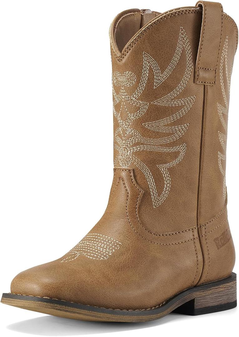 Rollda Kids Cowboy Boots for Boys Girls Western Square Toe Cowgirl Boots with Walking Heel (Toddler/Little Kid/Big Kid) (Brown), Size: 9 Toddler