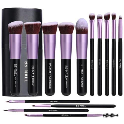 BS-MALL Makeup Brushes Premium Synthetic Foundation Powder Concealers Eye Shadows 14 Pcs Purple for Makeup Beginner or Professional with Travel Case