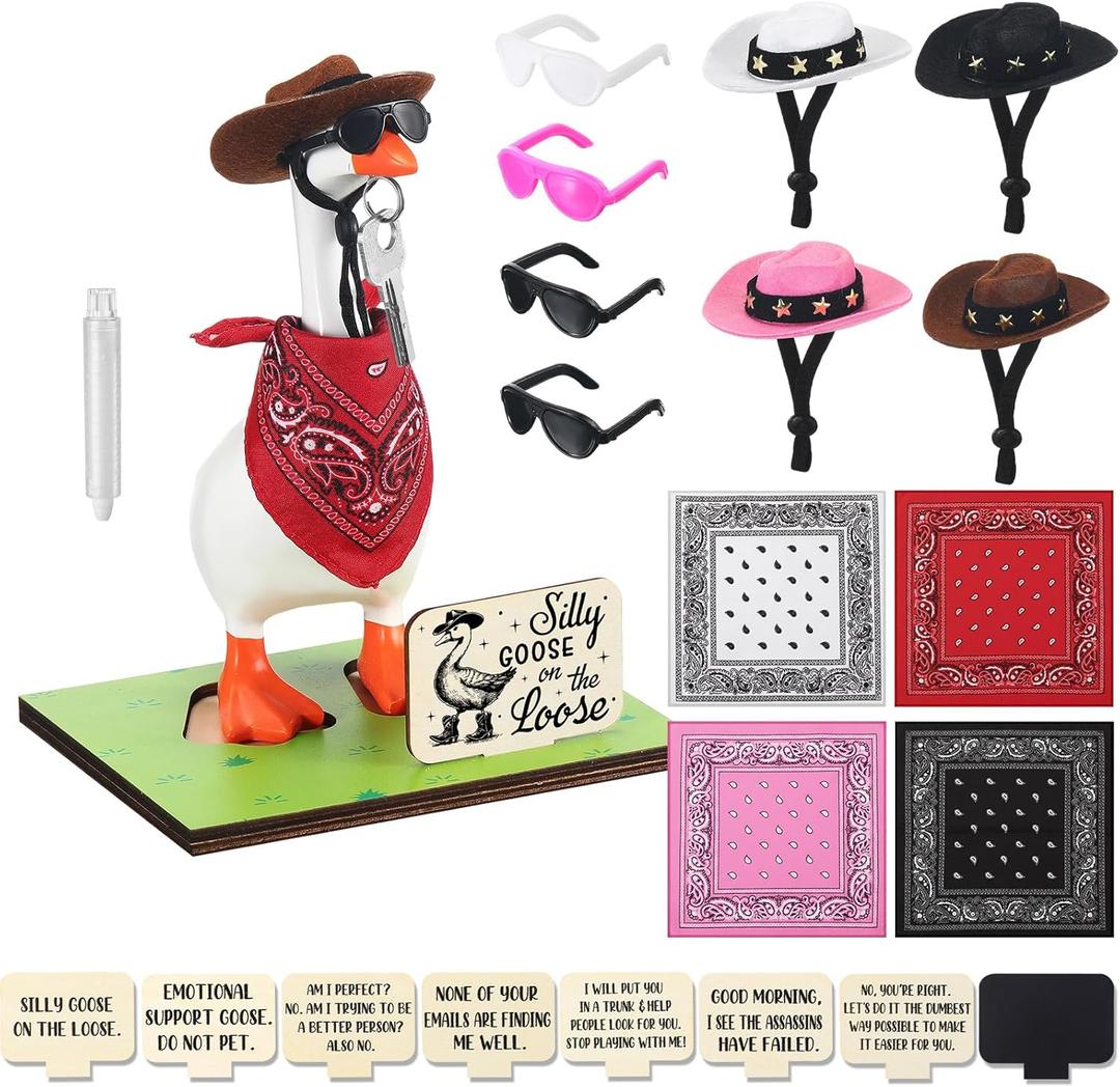 24 Pcs Magnetic Goose Key Holder Cute Resin Goose Statue with Cowboy Hats Bandanas Writable Interchangeable Signs Chalk for New Apartment Housewarming Gifts Office Table Desk Home Decor