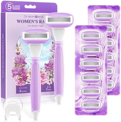 DreamGenius Razors for Women Include 2 Non-Slip Handles and 14 Blade Refills with a Shower Holder, 5 Premium Blades Women's Razors for Shaving with 360° Lubrication Reduces Irritation, Purple