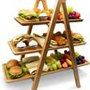 Acacia Wood 3 Tier Wooden Serving Tray - Foldable Three Tiered Stand for Charcuterie Boards, Desserts, Party Wedding Kitchen Decor & Easy Storage