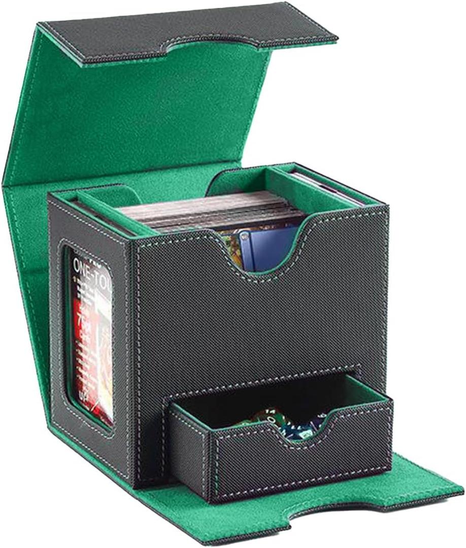 CMFYlive MTG Deck Box for Commander Display, Card Deck Box Fits 100 Double Sleeved Cards, Magic Commander TCG Card Storage Box with 2 Dividers, Drawstring Bag and 1 Toploader (Black/Green)