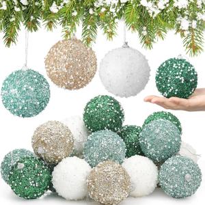 Lyrow 24 Pcs 3.15" Glitter Christmas Ball Ornament Set Christmas Ball Bulk Xmas Sequin Foam Hanging Ornament Decorative Hanging for Tree Party Holiday Decor(White, Champagne Gold, Lake Blue, Green)