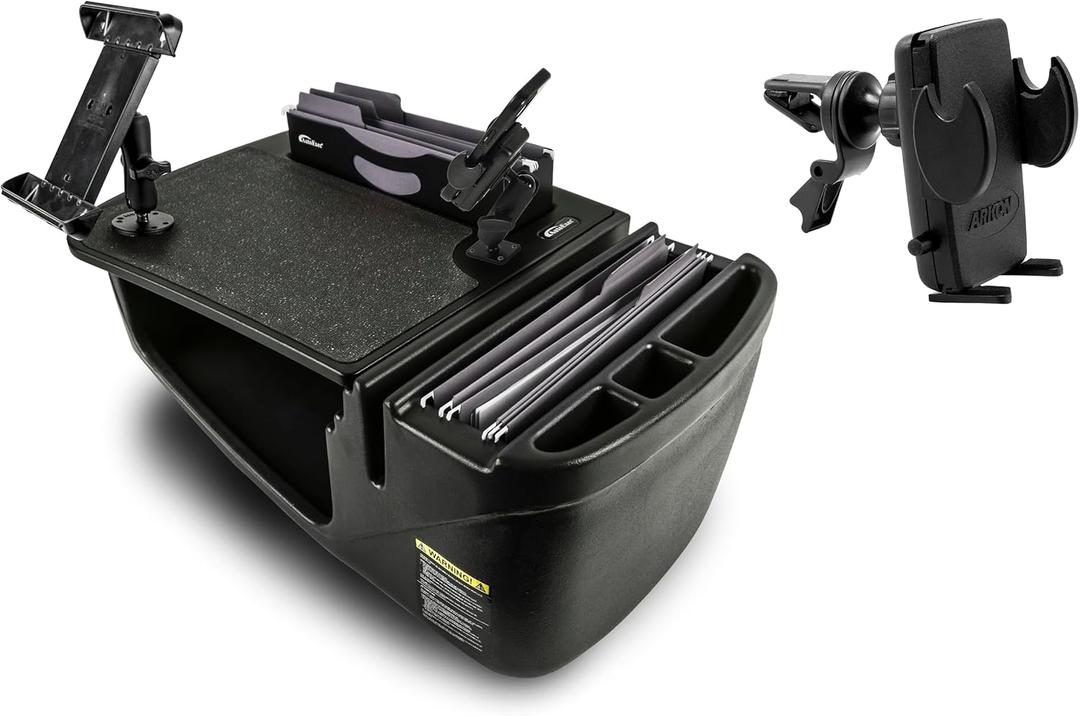 AutoExec Efficiency FileMaster Car Desk for Your Vehicle Workstation and Mobile Office, Black with Phone Mount, Tablet Mount and Phone Vent Clip