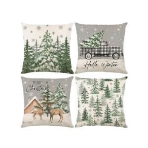 Winter Christmas Pillow Covers 18x18, Winter Pine Tree Reindeer Throw Pillow Covers Set of 4, Green Christmas Tree Truck Xmas Holiday Porch Patio Outdoor Home Decorations