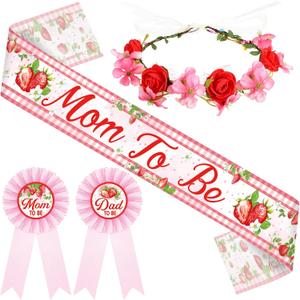 Ceenna Strawberry Baby Shower Decorations Mom to Be Sash Dad to Be Pin Flower Crown Berry Sweet Mommy Sash Baby Shower Party Favors for Girls Pregnancy Props Gift