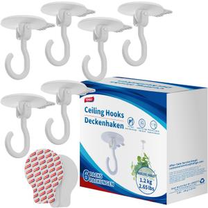 TAILI Adhesive Ceiling Hooks for Hanging Plants, Heavy Duty No-Drill Removable Sticky Wall Hooks Hanging Christmas Lights Garland Coat for Door Kitchen, Renter Friendly - 6 Pack White