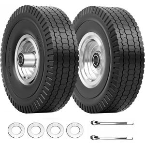 4.10/3.50-4 Tire & Wheel Flat Free, 2 Pcs Heavy Duty Solid PU Non-inflated Tires with Double Sealed Bearings, 5/8 in Axle Bore Hole & 2.15 in Offset Hub for Dolly/Garden Cart/Wheelbarrow/Wagon, 2 Pack Tires