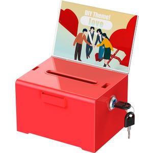Uniclife Acrylic Donation Box with Lock and Sign Holder Red Ballot Box with Slot Plastic Suggestion Boxes Tip Jar Cash Storage Container Drop Chest for Fundraising Voting Raffle, 6.2" x 5" x 4"