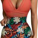 SUUKSESS Women Sexy Mesh Tummy Control Swimsuit Push Up High Waisted Bathing Suit (10 Coral Pink Leaf)