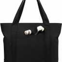 TOPDesign 1-Pack Canvas Tote Bag with an External Pocket, Reusable Grocery Shopping Bag, Top Zipper Closure, Daily Essentials (Black)