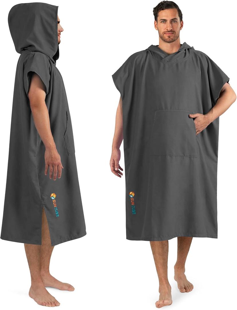 SUN CUBE Surf Poncho Changing Robe with Hood, Quick Dry Microfiber Wetsuit Changing Towel for Surfing Beach Swim Outdoor Sports Men, Absorbent Wearable Towel Cover Up with Pocket, Gray (One Size)