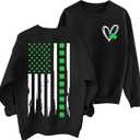 NEWWEN St. Patricks Day Sweatshirts for Women Irish Shamrock Shirt American Flag Clover Graphic Pullover Long Sleeve Tops (Large, Black-Heart)