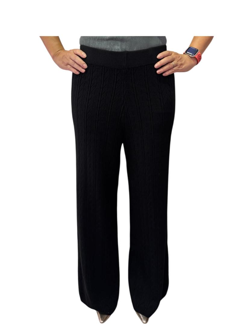 Women's Knit Wide Leg Pants, Cable Pattern, Elastic Waist, Black. Free Size. One Size
