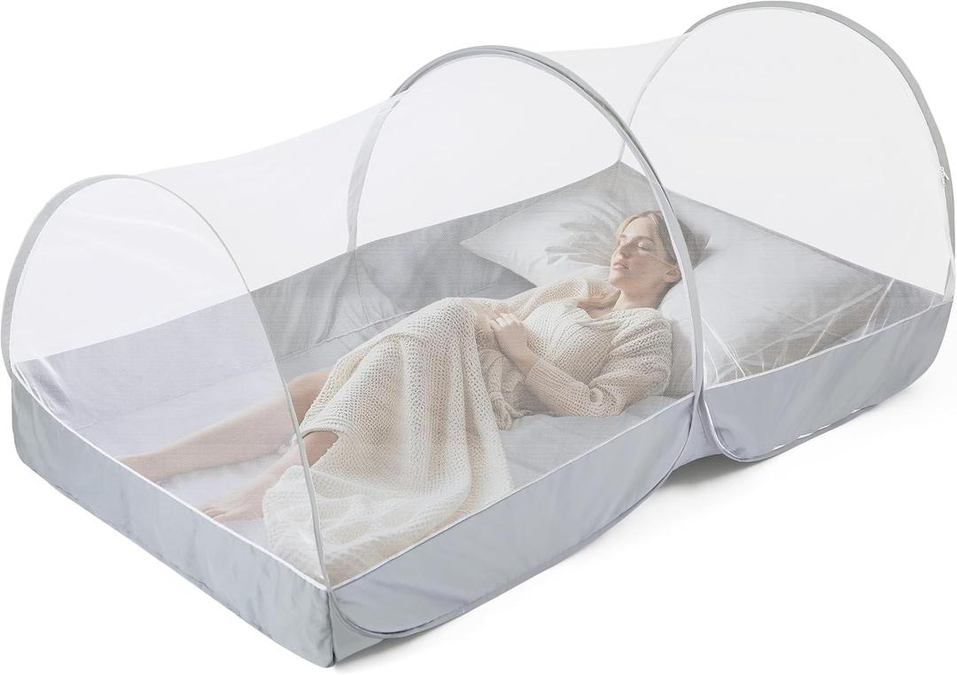 Mosquito Net for Bed - Pop Up Bed Tent - Portable Travel Mosquito Net, Mosquito Netting for Suitable for Baby, Adult Bedroom, Camping, Napping, Patio (White+grey)