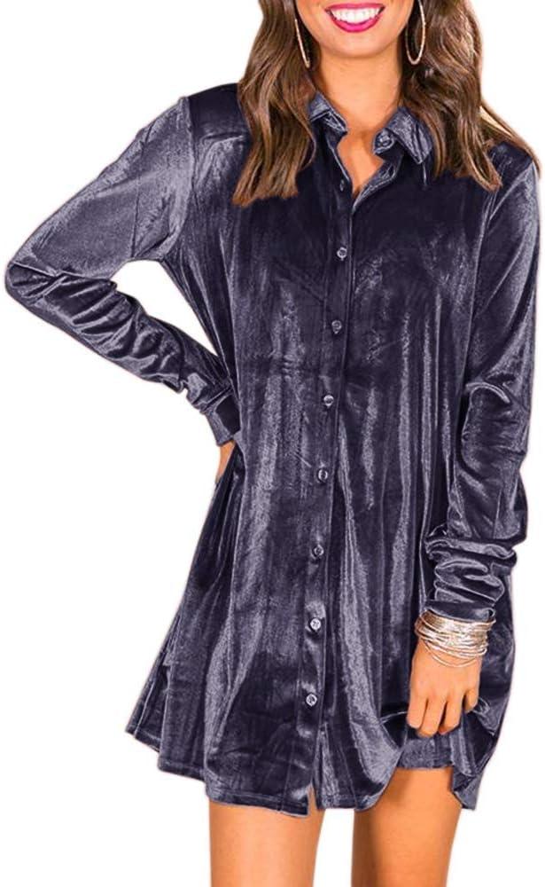 Caitefaso Womens Velvet Button Down T Shirts Swing Mini Dress Casual Long Sleeves Lapel Tunic Tops (XX-Large, Purple)