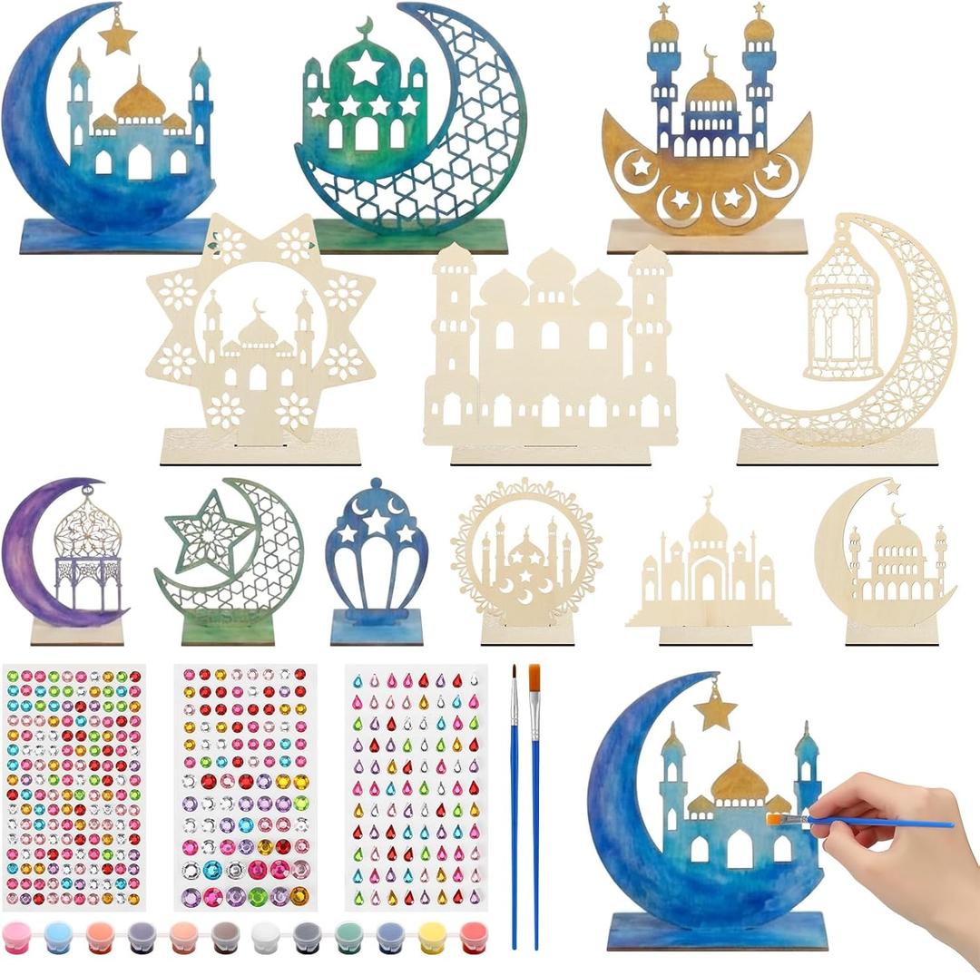 Burbell 12 Set Eid Mubarak Crafts for Kids DIY Color Your Own Ramadan Wooden Moon Star Ornament Ramadan Home Decorations Unfinished Wood Cutouts with Gem Stickers Paint Kit for Muslim Eid Al Fitr