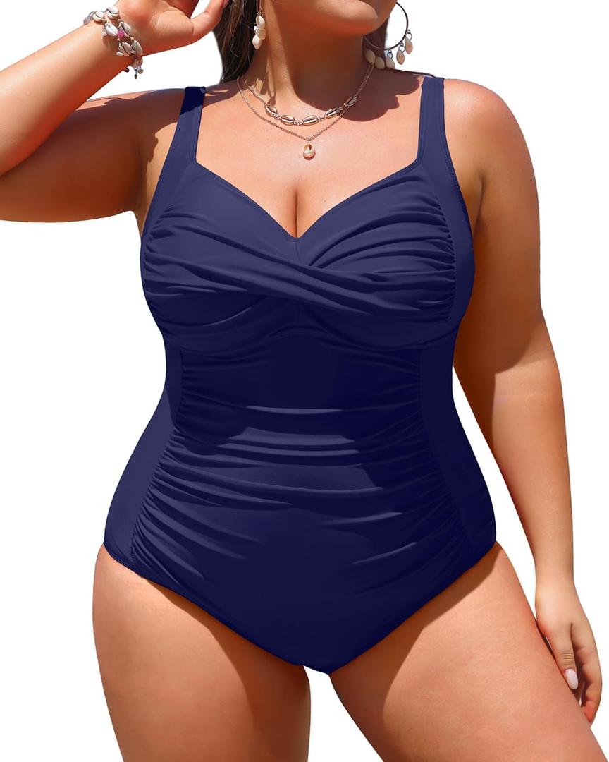 Yonique Women Plus Size One Piece Swimsuits Tummy Control Bathing Suits Twist Front Ruched Swimwear (Navy Blue) 16W