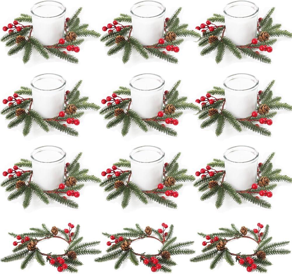 12 Pack Christmas Greenery Candle Rings, Christmas Candle Rings Wreaths with Red Berries and Pine Cones, Xmas Table Decorations Holiday Centerpieces for Tables
