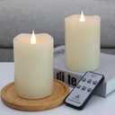 TECHLONG Flameless Candles Battery Operated with Remote Timer, 3D Moving Flame Flickering, Last 600+ Hours Battery Candles, 3" x 5" Ivory Real Wax Electric LED Candle for Wedding Party, Set of 2