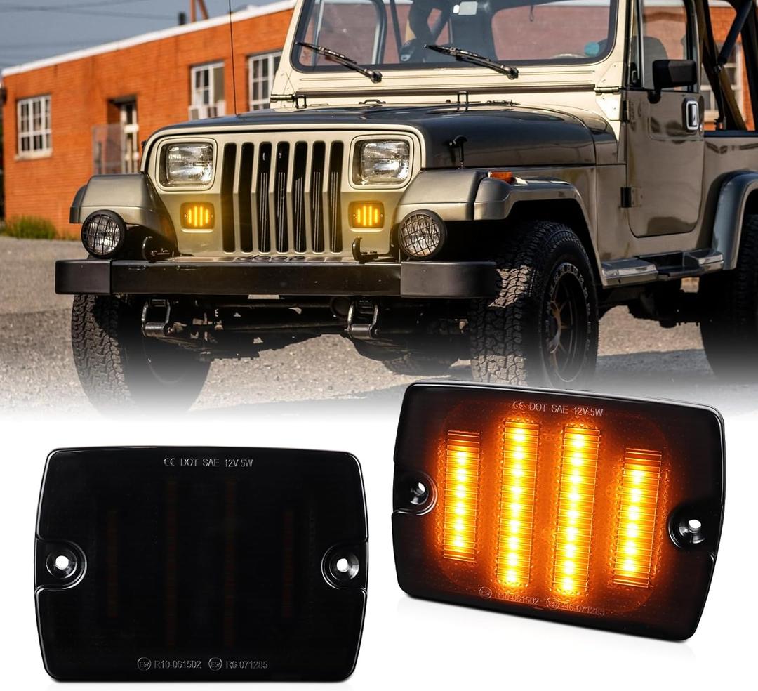 2Pcs Amber Front LED Turn Signal Lights Assembly For Jeep Wrangler YJ 1987-1995 with 3157 Plug and 1157 Plug, Smoke Lens Driver Passenger Side Corner Lamp Accessories