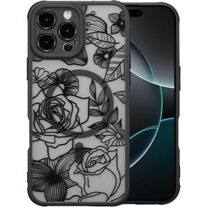 XIZYO Magnetic Case for iPhone 16 Pro Floral Rose Cute Phone Case [Compatible with Magsafe] for Women Girls Aesthetic Pattern Slim TPU Shockproof Bumper Cover, Black
