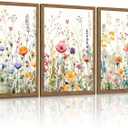 3 Piece Colorful Wildflower Wall Art Set, Framed Spring Wall Decor, Watercolor Floral Painting Canvas Prints, Flower Pictures, Farmhouse Botanical Artwork for Living Room Bedroom 12x16 Inch