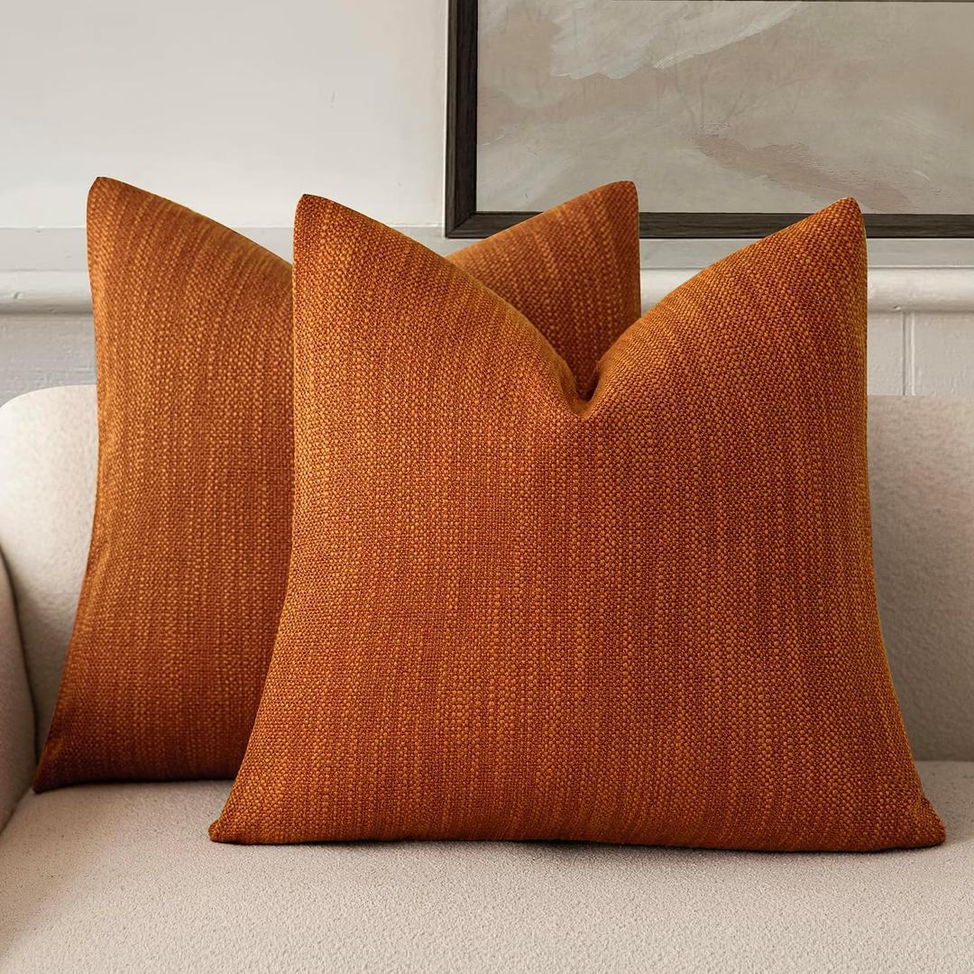 Foindtower Set of 2 Decorative Textured Burlap Linen Throw Pillow Covers Farmhouse Boho Cushion Cover Solid Accent Pillowcase for Couch Sofa Bed Living Room Home Decor,2020 Inch,Burnt Orange (Gold Flame)