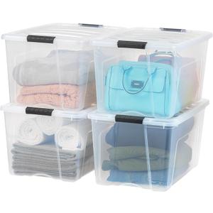 IRIS USA 72 Qt Stackable Plastic Storage Bins with Lids, 4 Pack - BPA-Free, Made in USA - See-Through Organizing Solution, Latches, Durable Nestable Containers, Secure Pull Handle - Clear (72 Qt. - 4 Pack)