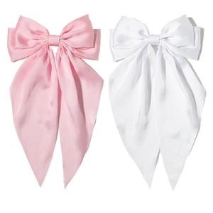 Furling Pompoms Pink Hair Bow Clips for Women,Large White Satin Hair Bows,Long-Tail Alligator Clips,Big Hair Bow Girls 2pcs Hair Accessories for Birthday Wedding Prom Party (Pink/White)