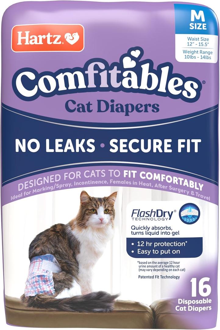 Hartz Comfitables Cat Diapers,Medium, 16 Count, Comfortable & Secure Fit, Easy to Put On M