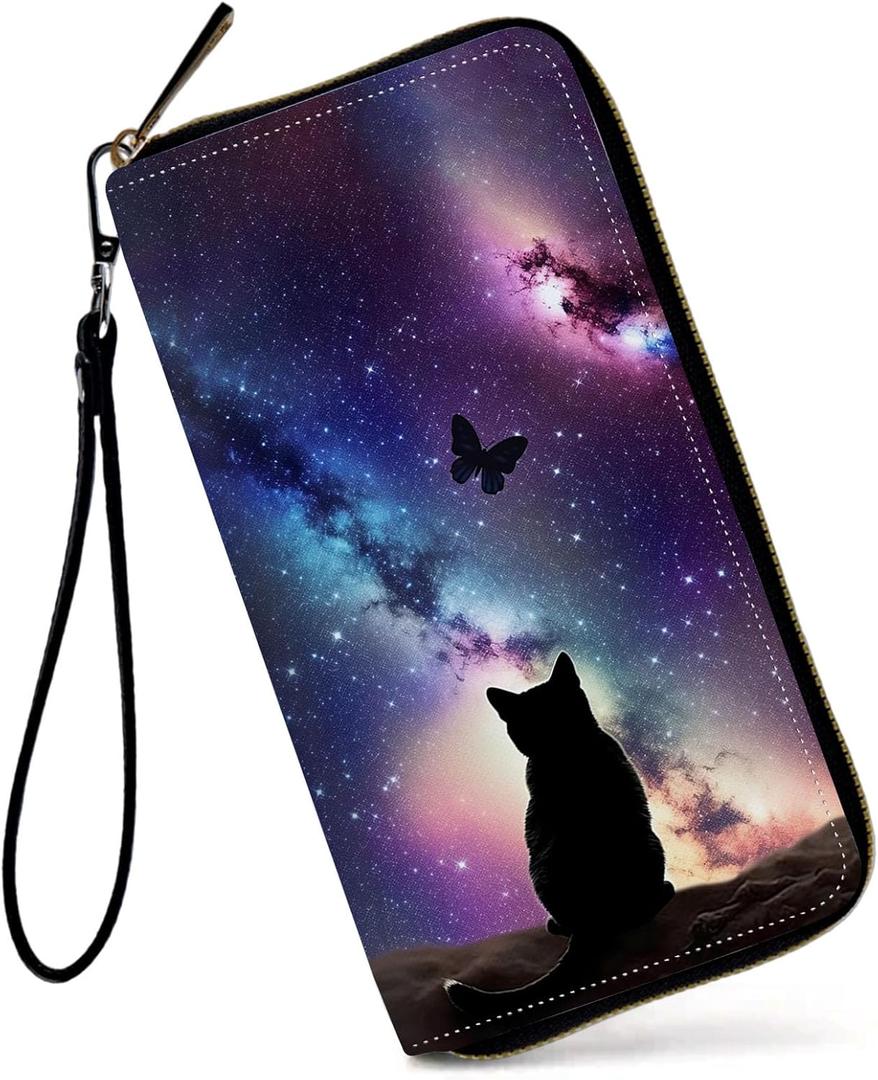 Womens Wallet, Large Capacity RFID Blocking PU Leather Wristlet Wallets for Women Ladies Men Credit Card Holder Zipper Phone Holder Clutch Travel Purse, Galaxy Cat