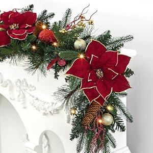 SHareconn 9FT Prelit Christmas Garland with Multi-Color LED Lights, Battery-Operated Timer, Includes Flower Ball & Poinsettia for Table Mantle Fireplace Indoor Outdoor Xmas Decor, Red and Gold, 9 FT