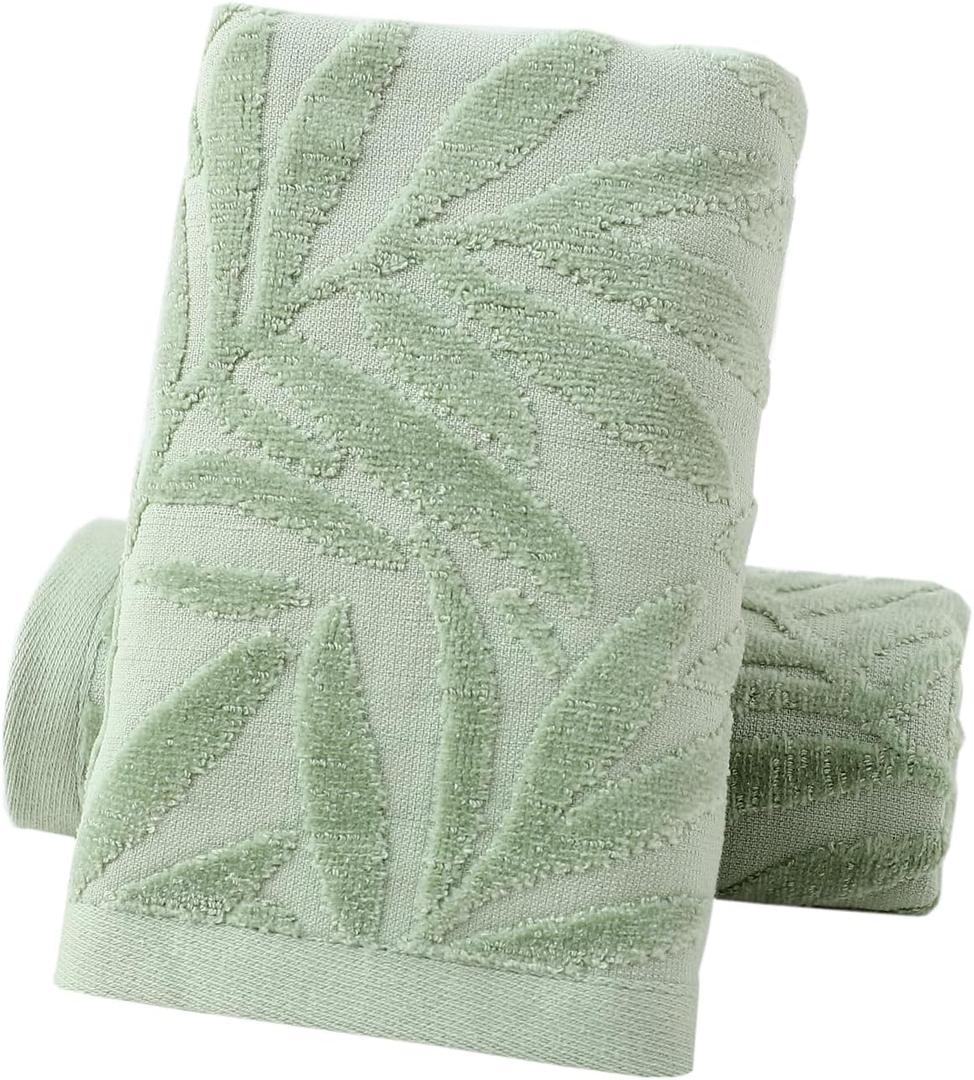 Pidada Hand Towels Set of 2 Leaf Pattern 100% Cotton Absorbent Soft Decorative Towel for Bathroom (Green), 27.5"L x 15.7"W