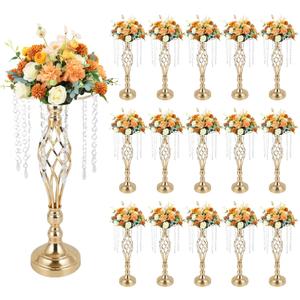 15 Pcs 19.3 Inches Tall Crystal Flower Stand Wedding Road Lead Metal Flower Holders Centerpiece for Wedding Party Crystal Flower Chandelier Metal Flower Vase for Reception Tables Wedding Supplies